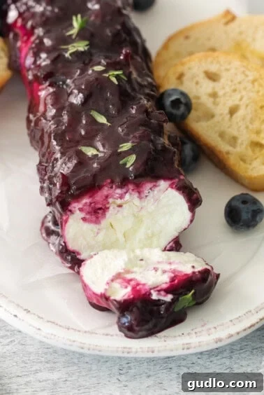 The finished blueberry goat cheese appetizer log, artfully arranged on a serving plate with a variety of crostini and fresh herbs for garnish, ready to be enjoyed.
