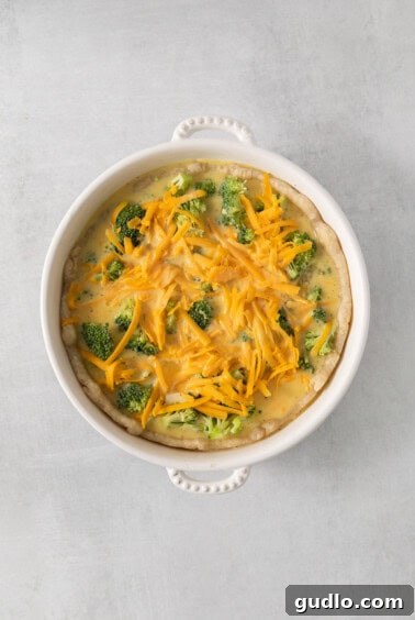 A quiche dish filled with broccoli and cheese, with custard poured over, ready for baking.