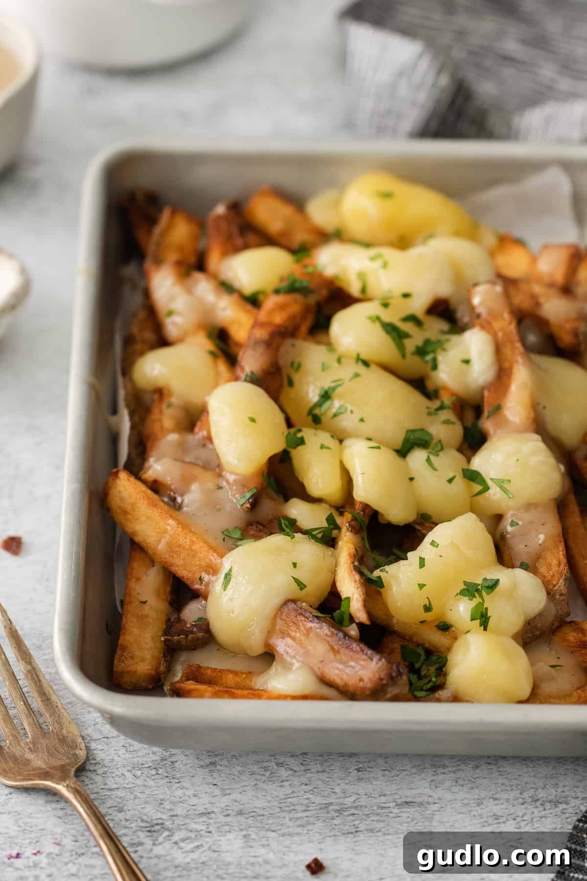 A generous serving of classic poutine with golden fries, rich brown gravy, and melting white cheese curds in a white dish.