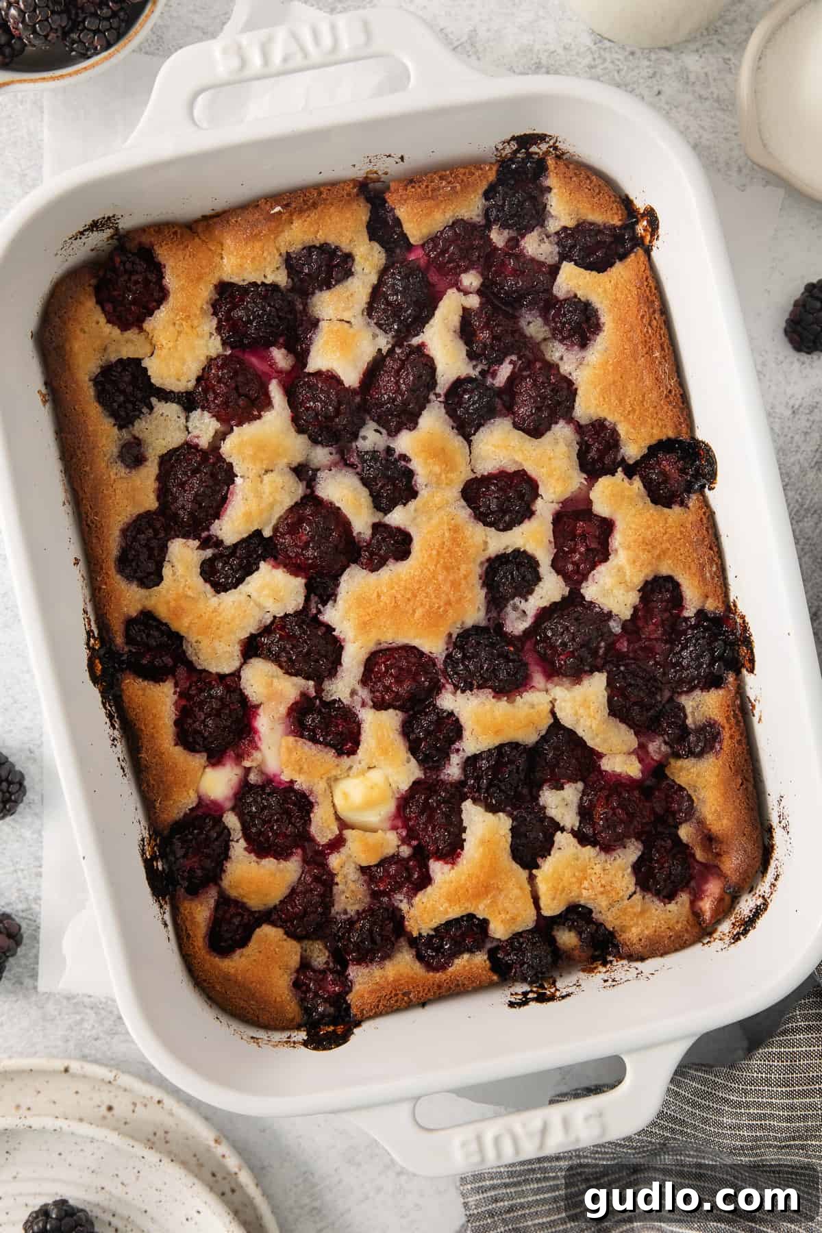 Tangy Blackberry Cream Cheese Cobbler 6 A beautiful baked dessert, golden brown with bubbling fruit, presented in a white ceramic casserole dish.
