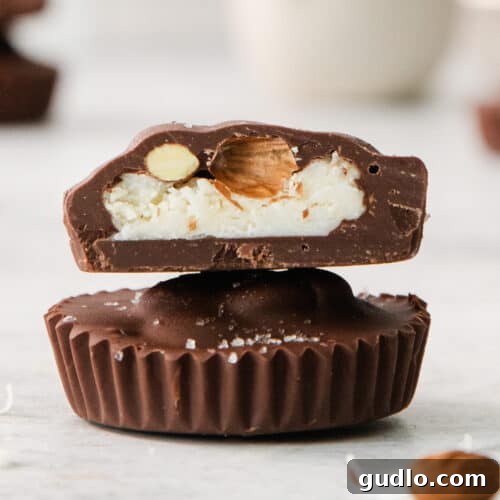 A couple of pieces of chocolate sitting on top of each other, showcasing the layers of chocolate and coconut.