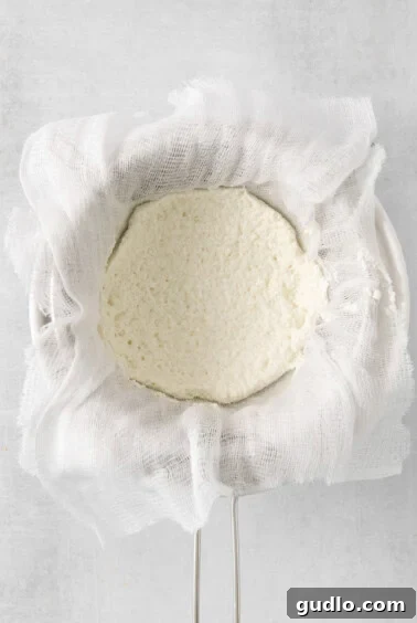 Freshly formed ricotta cheese draining in a cheesecloth-lined bag over a bowl, emphasizing the straining process.