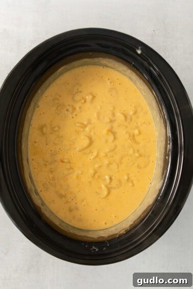 Ultimate Velveeta Crockpot Mac and Cheese 13 a bowl of macaroni and cheese in a slow cooker.