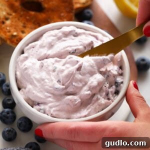 A hand dipping a spoon into a bowl of luscious blueberry cream cheese dip, highlighting its smooth texture and inviting color.