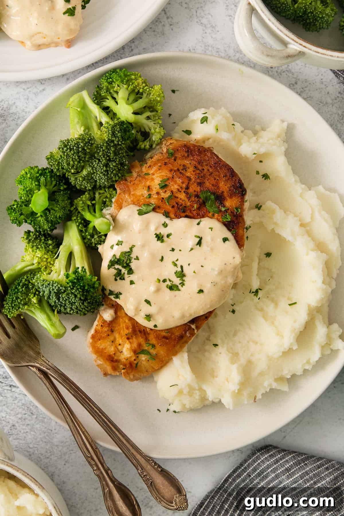 Crispy Garlic Chicken Delight 6 A perfectly cooked chicken breast with creamy mashed potatoes and a generous drizzle of gravy on a white plate, showcasing a comforting meal.