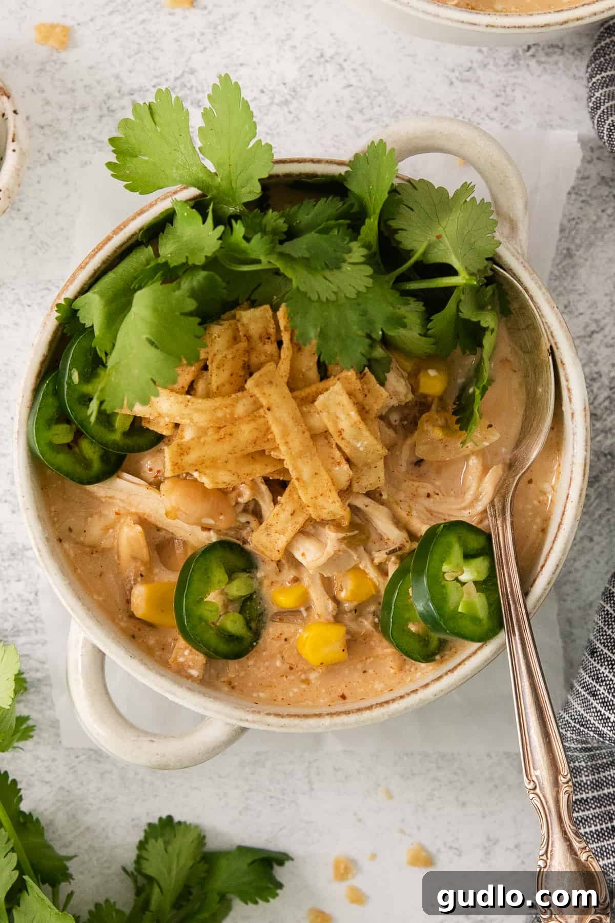 Creamy Slow Cooker White Chicken Chili 2 A steaming bowl of creamy white chicken chili, garnished with fresh cilantro and a lime wedge, ready to be enjoyed.