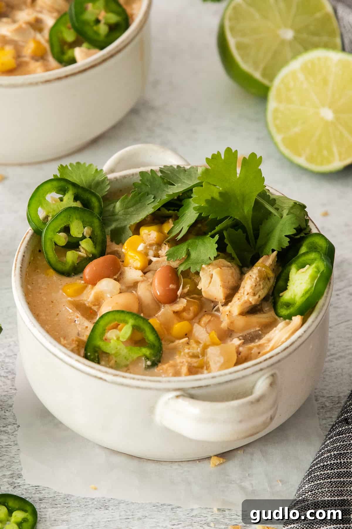 Creamy Slow Cooker White Chicken Chili 6 A close-up shot of a creamy chicken enchilada soup in a bowl, garnished with vibrant cilantro and a fresh lime wedge.