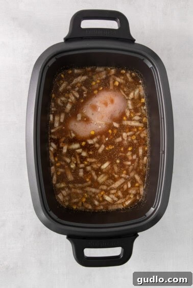 A slow cooker filled with chicken breasts, beans, corn, and broth, ready to cook.
