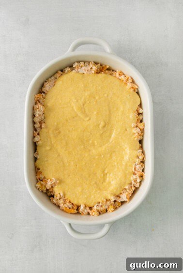 a casserole dish filled with a mixture of cheese.