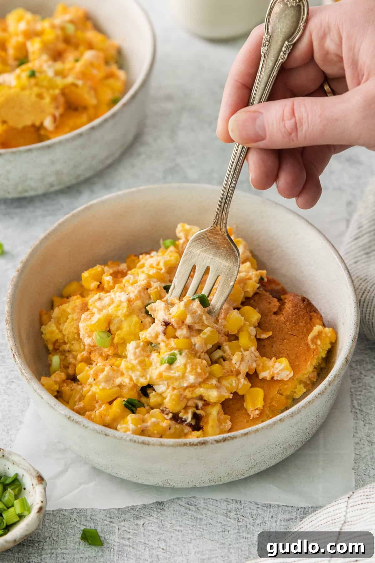 a person holding a fork in a bowl of food.