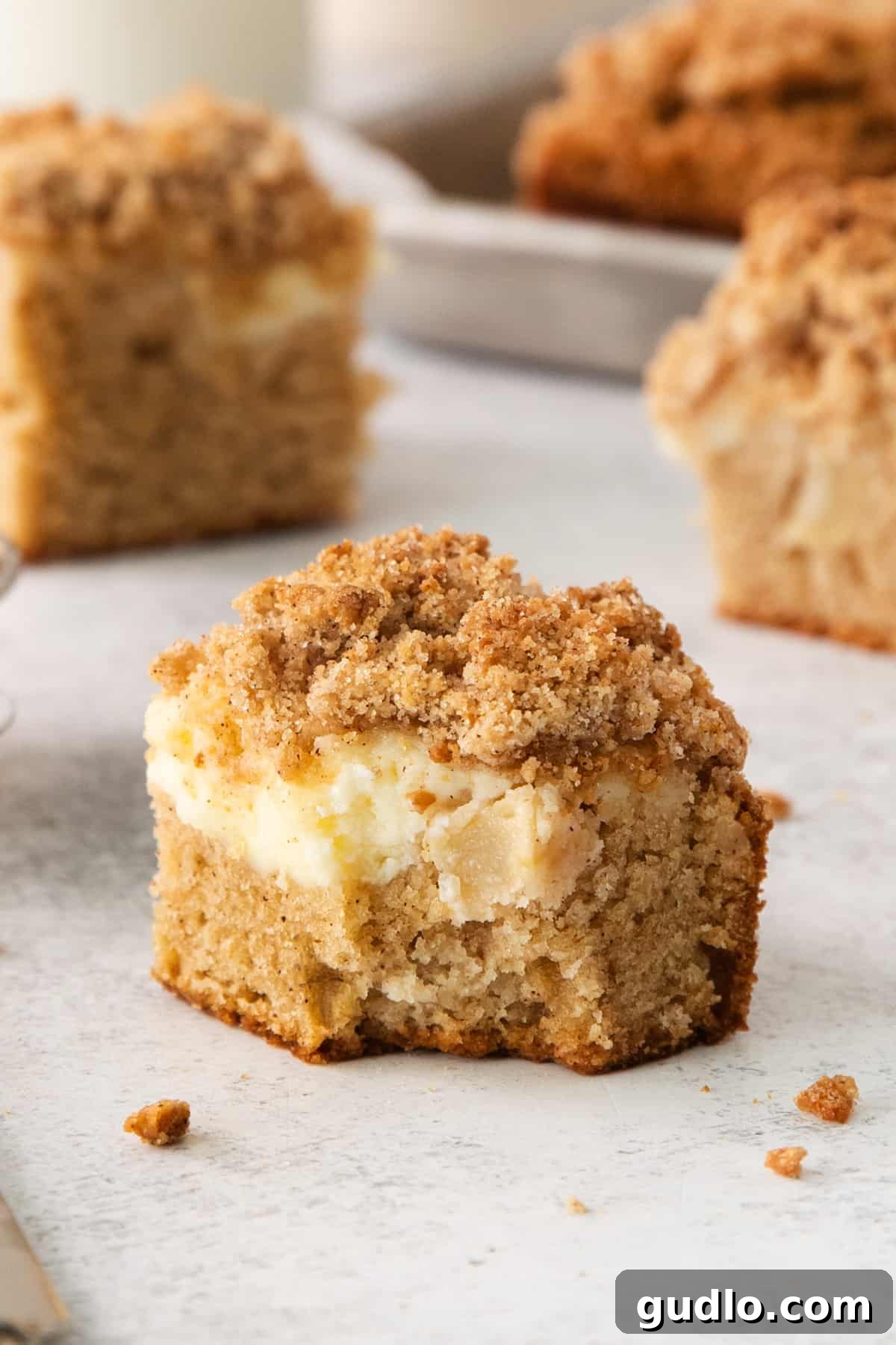 Swirled Apple Cream Cheese Coffee Cake 2 A close-up of a slice of Apple Cream Cheese Coffee Cake, revealing the moist crumb, chunks of apple, and creamy filling, with a bite taken out.