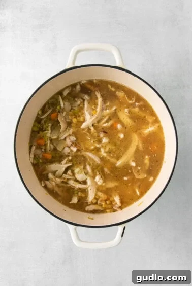 A hearty chicken soup simmering in a white pot on a clean background, featuring pasta, shredded chicken, and vegetables, indicating it's almost ready.