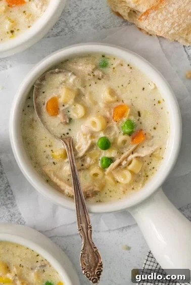 A pristine white bowl filled with creamy chicken noodle soup, with a spoon nestled in, inviting you to enjoy this comforting and flavorful dish.