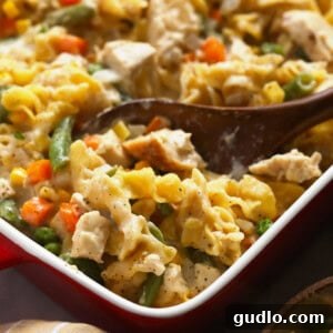 Golden Cream Chicken 6 A golden-brown chicken noodle casserole, rich with creamy sauce and a bubbly cheese topping, baked in a rustic ceramic dish.