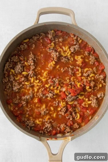 Ultimate Chili Mac and Cheese 11 A skillet with ground meat, pasta, and liquids, ready to be stirred and cooked.