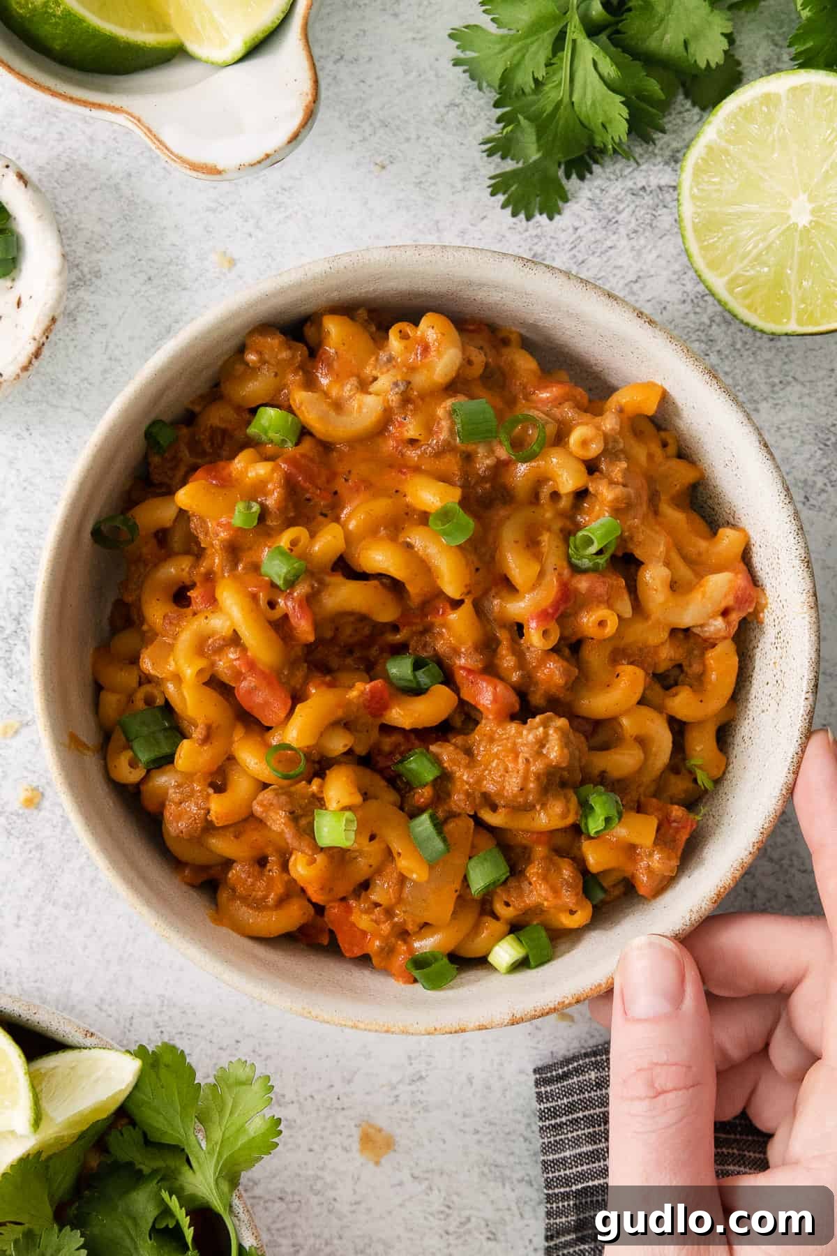 Ultimate Chili Mac and Cheese 5 A person presenting a beautifully garnished bowl of Mexican-style macaroni and cheese.