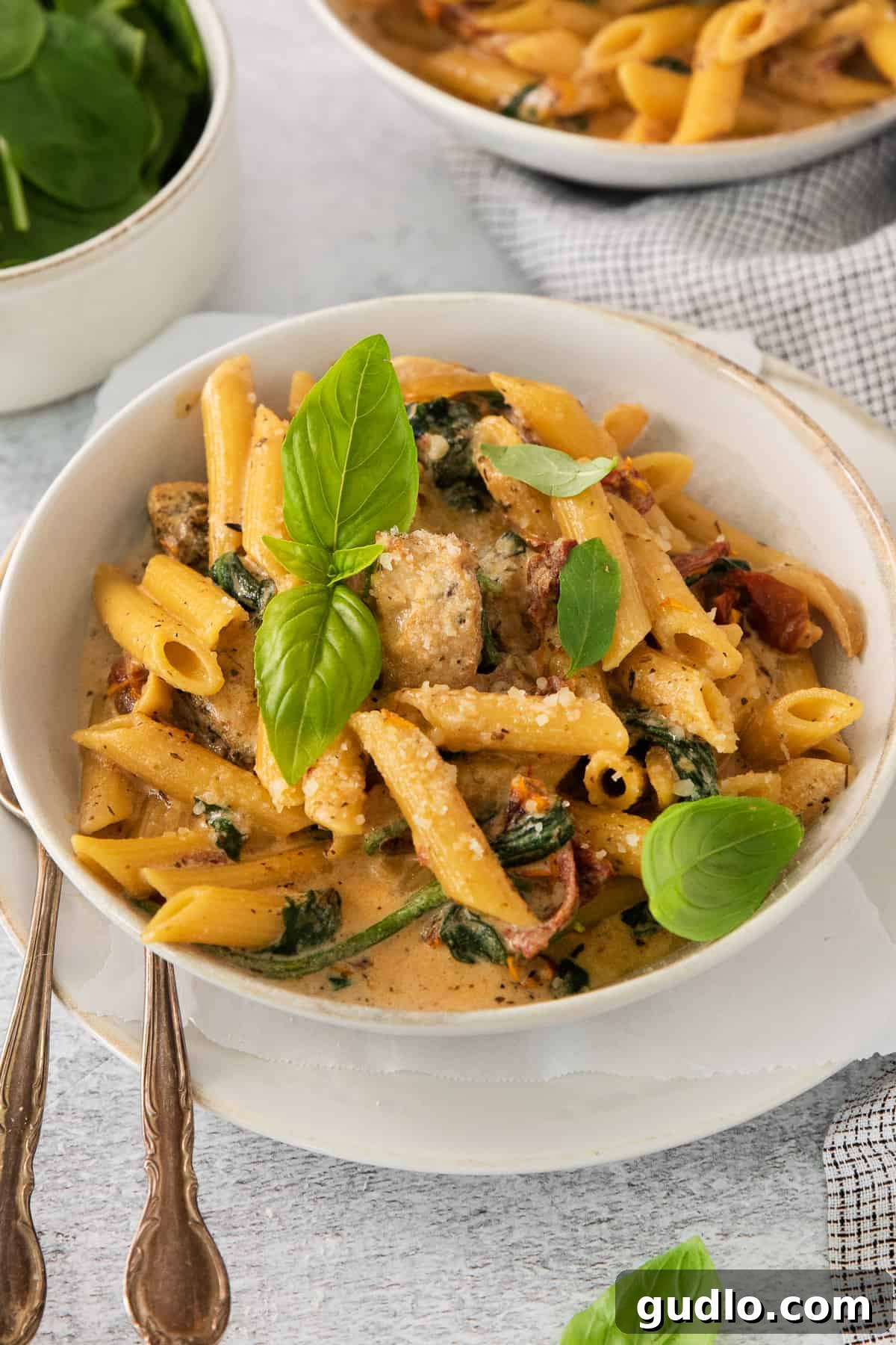 A steaming bowl of creamy Tuscan chicken pasta, generously garnished with fresh spinach and tender chicken pieces.