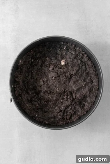 Divine Chocolate Cloud Pie 9 A 9-inch springform pan with an evenly pressed Oreo cookie crust, ready for baking.