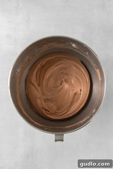 Divine Chocolate Cloud Pie 11 A metal bowl containing the fully mixed chocolate cream cheese mousse, smooth and ready for assembly.