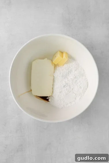 A pristine white bowl filled with the base ingredients for cream cheese frosting: butter, cream cheese, powdered sugar, and vanilla extract.