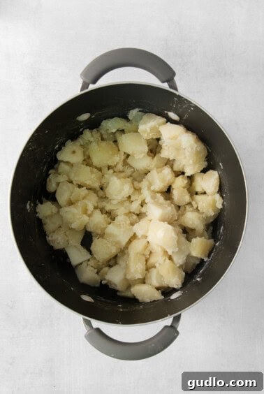 Luxurious Garlic Mashed Potatoes 8 Steaming boiled potatoes in a large stock pot, ready for mashing.