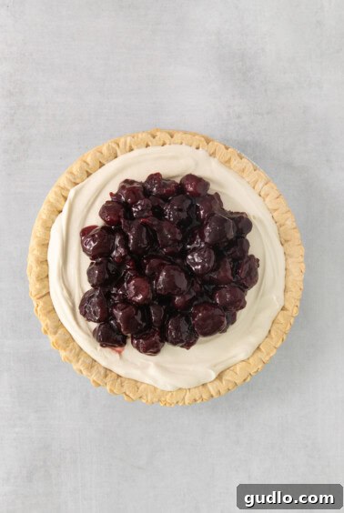A freshly assembled cherry cream cheese pie, topped with a generous layer of white cream and a vibrant cherry center, ready for chilling.