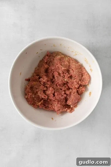 Individual Meatloaf Cups 4 Raw meatloaf mixture in a bowl with spices and binders.