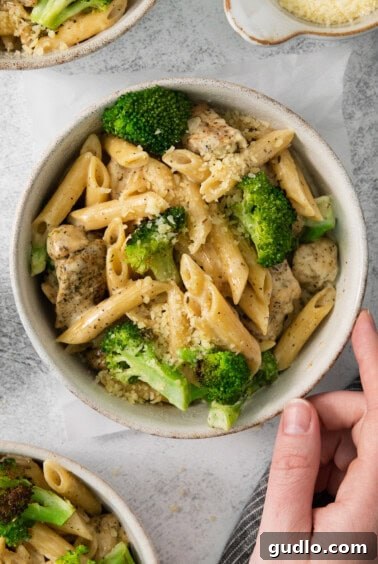 A hand holding a bowl of freshly prepared chicken broccoli alfredo, ready to be enjoyed.