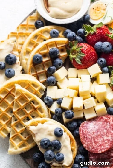 A fully assembled breakfast charcuterie board, showcasing a rich variety of waffles, cheeses, and fruits, beautifully arranged and ready to be enjoyed.