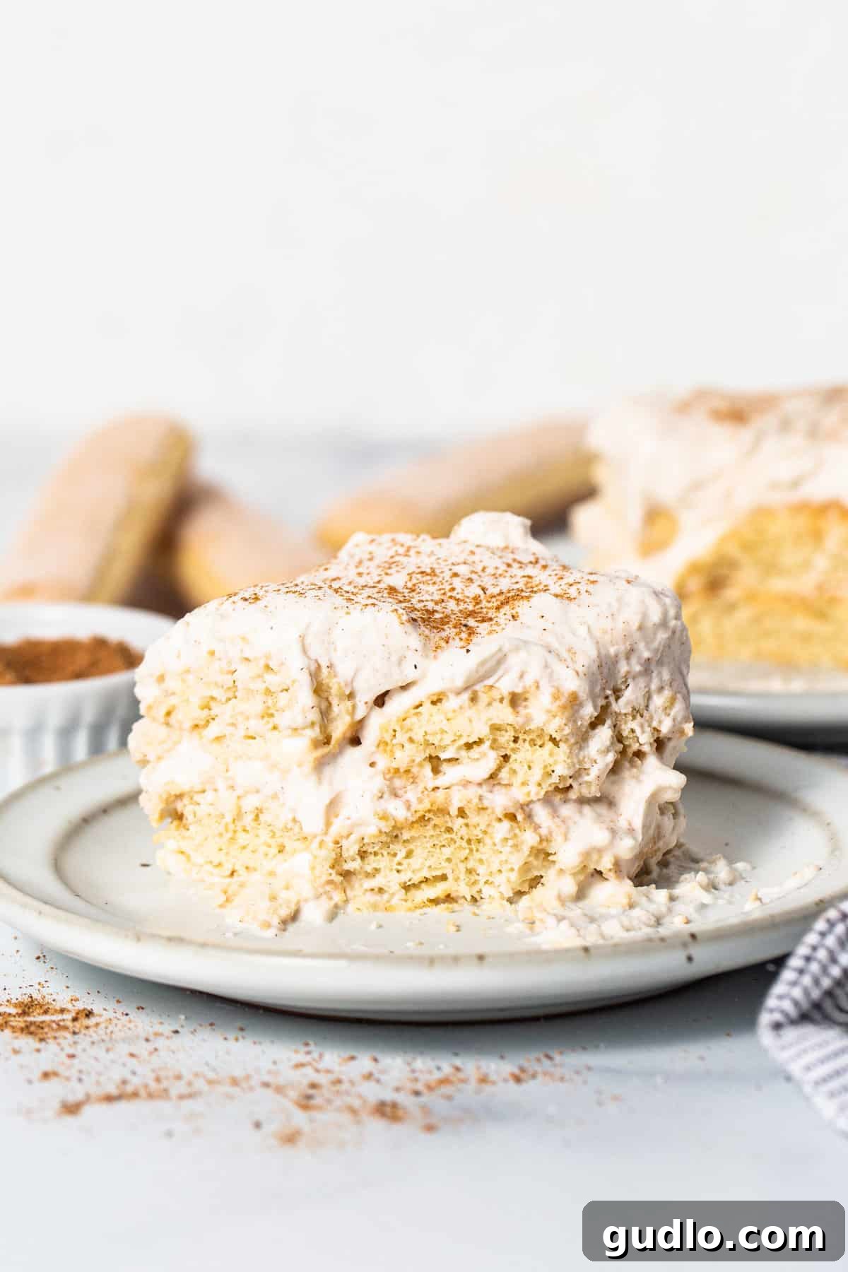 A beautifully plated slice of Eggnog Tiramisu, dusted with cinnamon and nutmeg, ready to be enjoyed.
