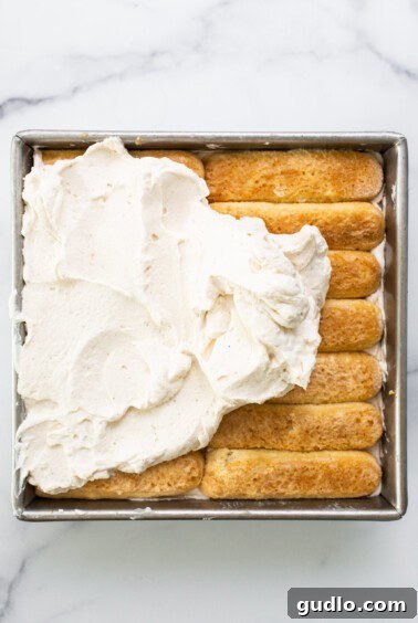 A baking pan with layered Eggnog Tiramisu before chilling, showing the even distribution of cream and ladyfingers.