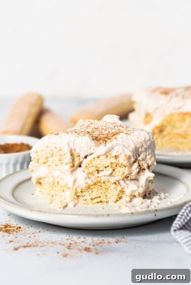 A finished slice of Eggnog Tiramisu, beautifully presented on a plate.