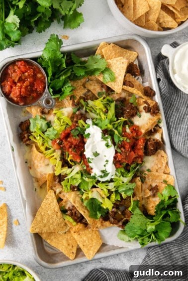 No-Fuss Air Fryer Nachos 13 A beautifully arranged tray of Mexican nachos, adorned with creamy sour cream and a side of vibrant guacamole.