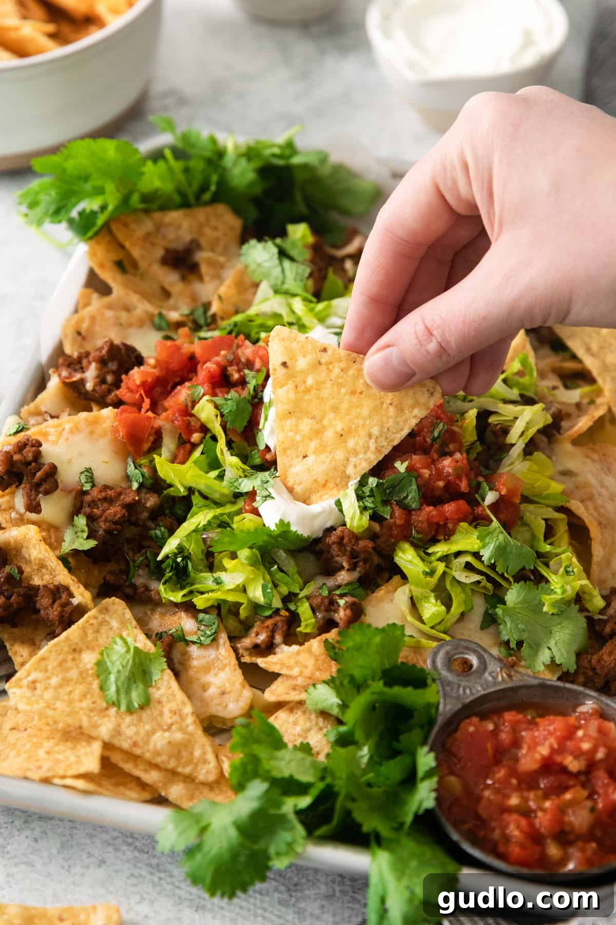 No-Fuss Air Fryer Nachos 8 A close-up shot of a hand reaching for a crispy, cheesy nacho from a platter laden with fresh toppings.