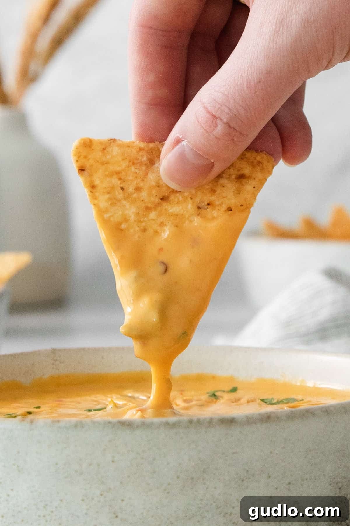 Quick Velveeta Queso: Ready in 15 Minutes 7 A person dipping a tortilla chip into a bowl of cheese dip.