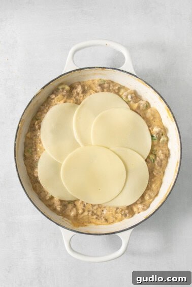 Decadent Philly Cheesesteak Dip 11 Philly Cheesesteak Dip topped with provolone slices, ready for broiling.