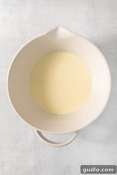 Ultimate Indulgence Cake 9 Wet ingredients for chocolate cake, including milk, oil, and eggs, whisked smoothly in a white bowl.