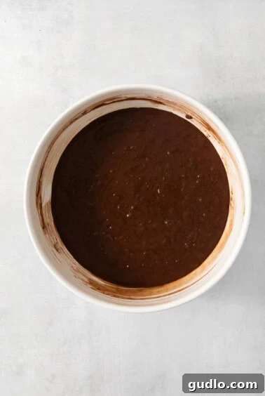 Ultimate Indulgence Cake 10 Chocolate cake batter being mixed in a bowl, showcasing its smooth consistency.