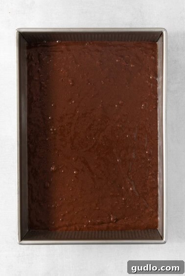 Ultimate Indulgence Cake 11 Chocolate cake batter evenly spread in a metal baking pan, ready for the oven.