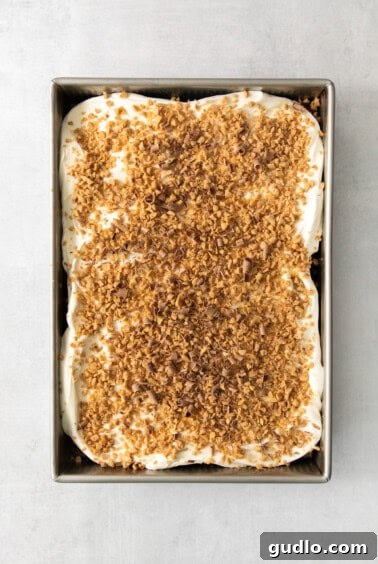 Ultimate Indulgence Cake 16 A completed Better Than Sex Cake in a metal pan, topped with creamy frosting and generous Heath bar crumbles.