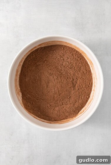 Ultimate Indulgence Cake 8 Dry ingredients for chocolate cake, including cocoa powder and flour, mixed in a white bowl.
