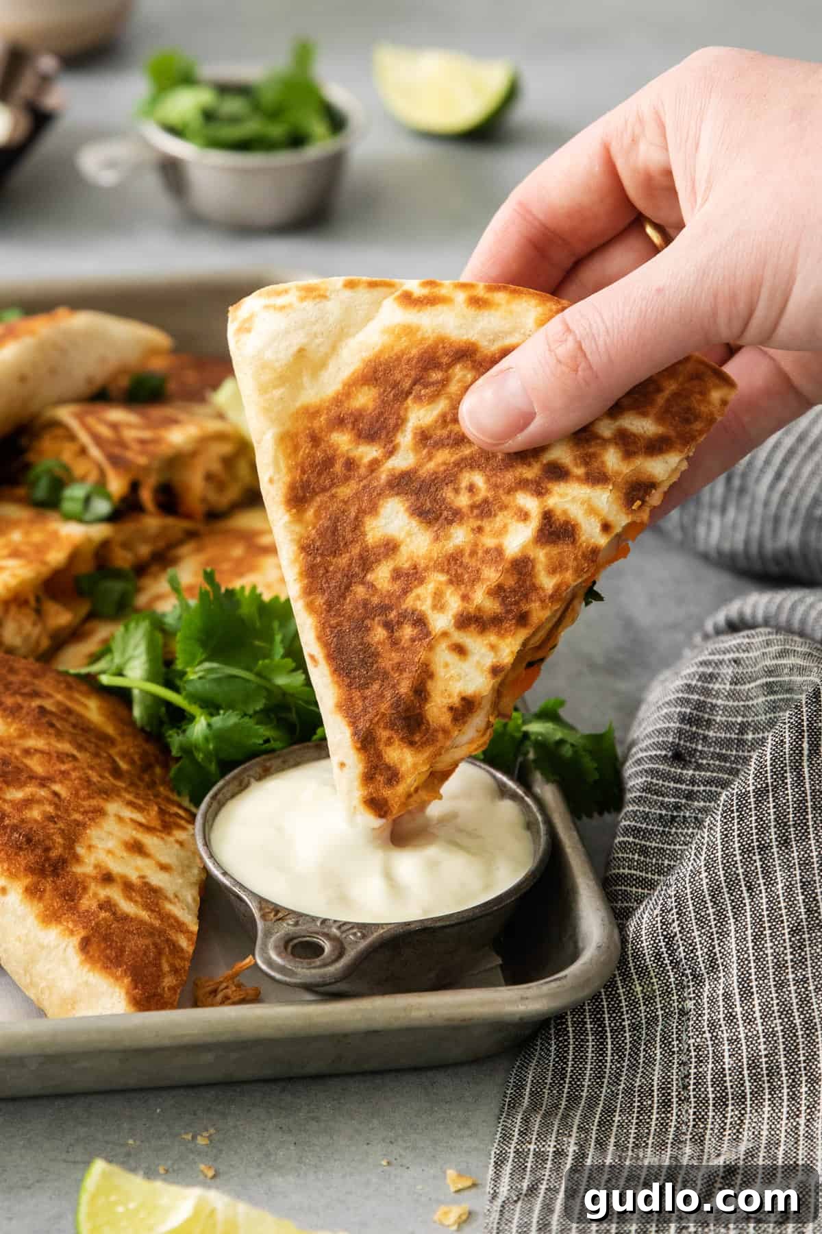 Cooked quesadillas arranged on a serving tray, accompanied by a small bowl of creamy dipping sauce.