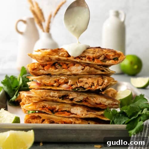 A stack of quesadillas with a drizzle of sauce on top.