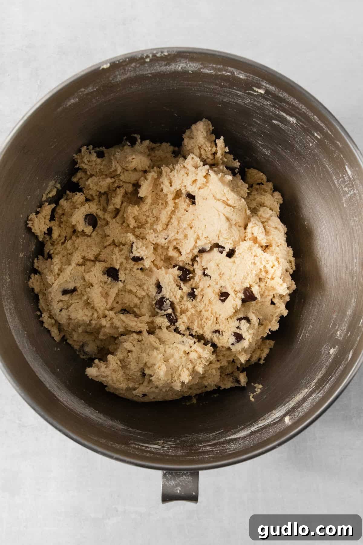 Decadent Eggless Chocolate Chip Delights 3 A metal mixing bowl brimming with egg-free chocolate chip cookie dough rests on a light gray background.