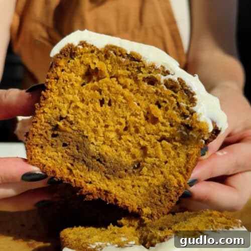 A person holds a thick slice of moist, orange-brown cake with white frosting on top, showing its crumb texture.