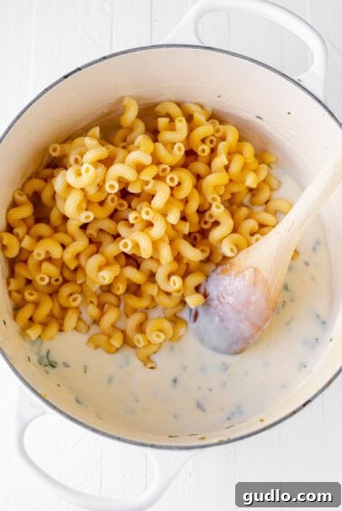 The moment of combining, as cooked cavatappi noodles are folded into the luscious cheese sauce, completing the delicious Tuscan chicken mac and cheese mixture.