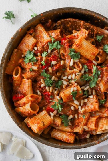 Sun-dried tomato pasta with parmesan cheese.