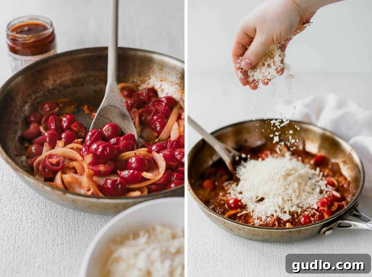 Close-up of a vibrant sun dried tomato pasta sauce simmering in a pan, ready for noodles.