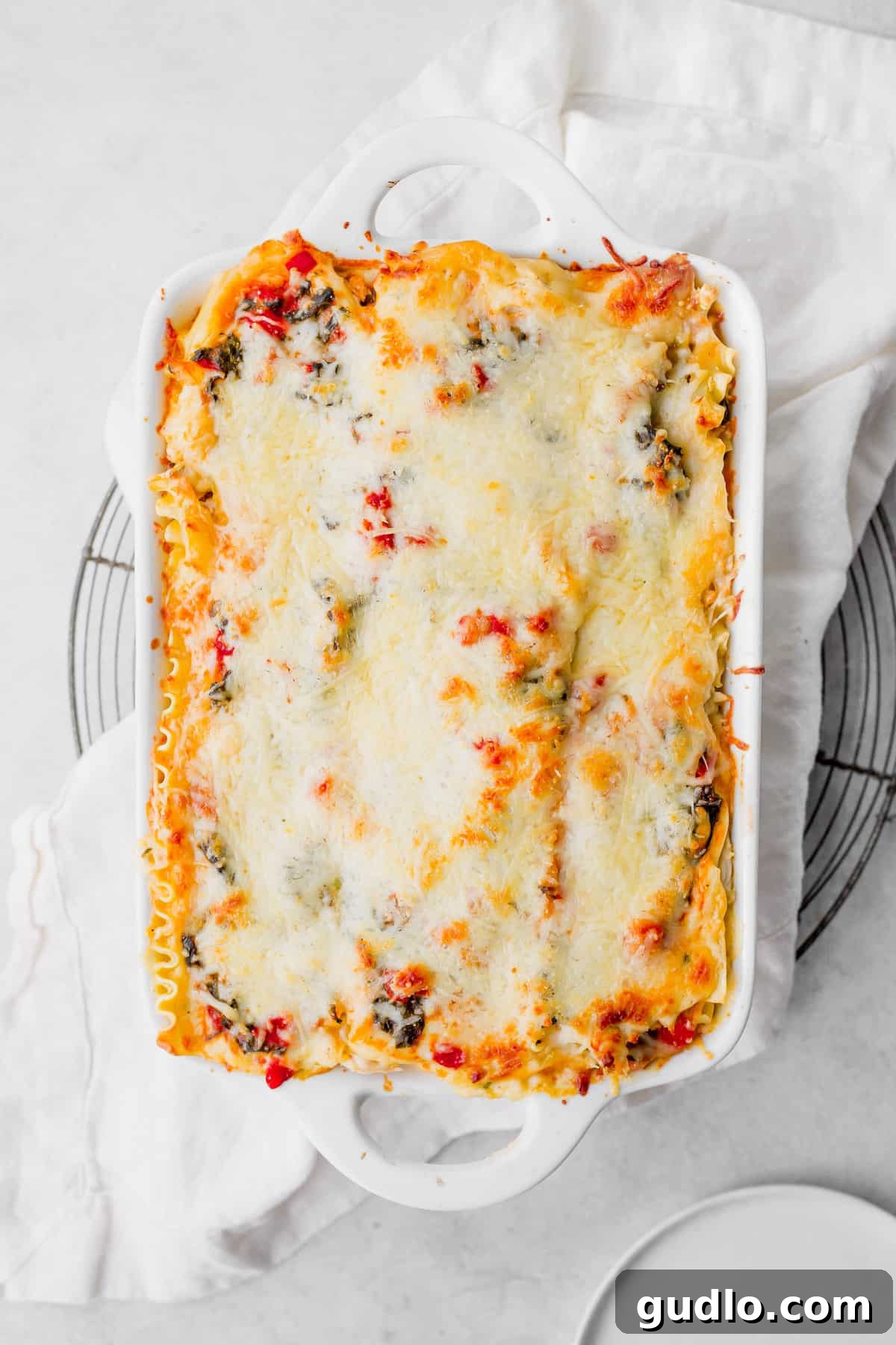 Decadent Chicken Alfredo Lasagna 2 Hearty Chicken Alfredo Lasagna in a large casserole dish, ready to be served.