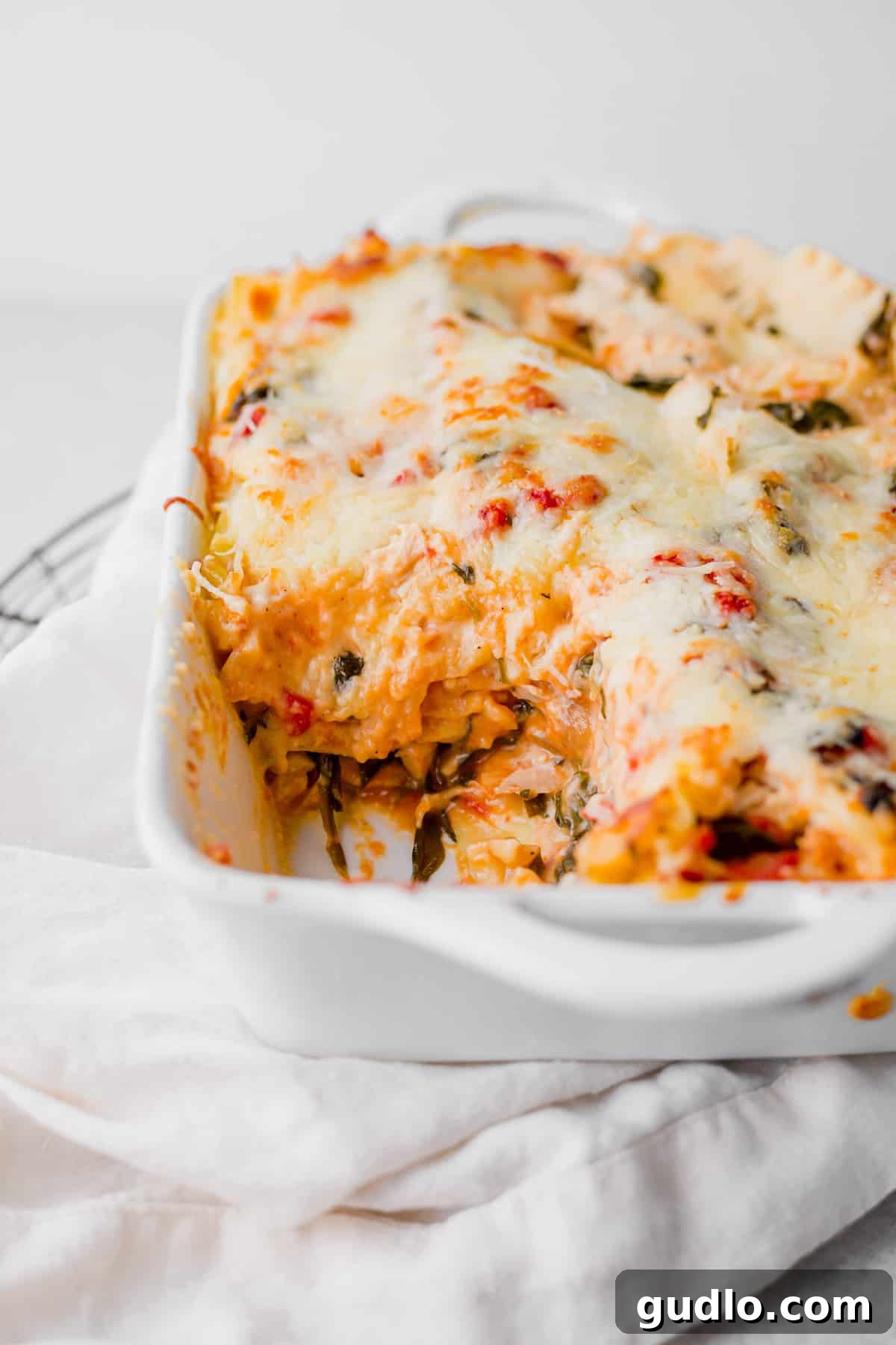 Decadent Chicken Alfredo Lasagna 4 Golden-brown Chicken Alfredo Lasagna, freshly baked in a white casserole dish.